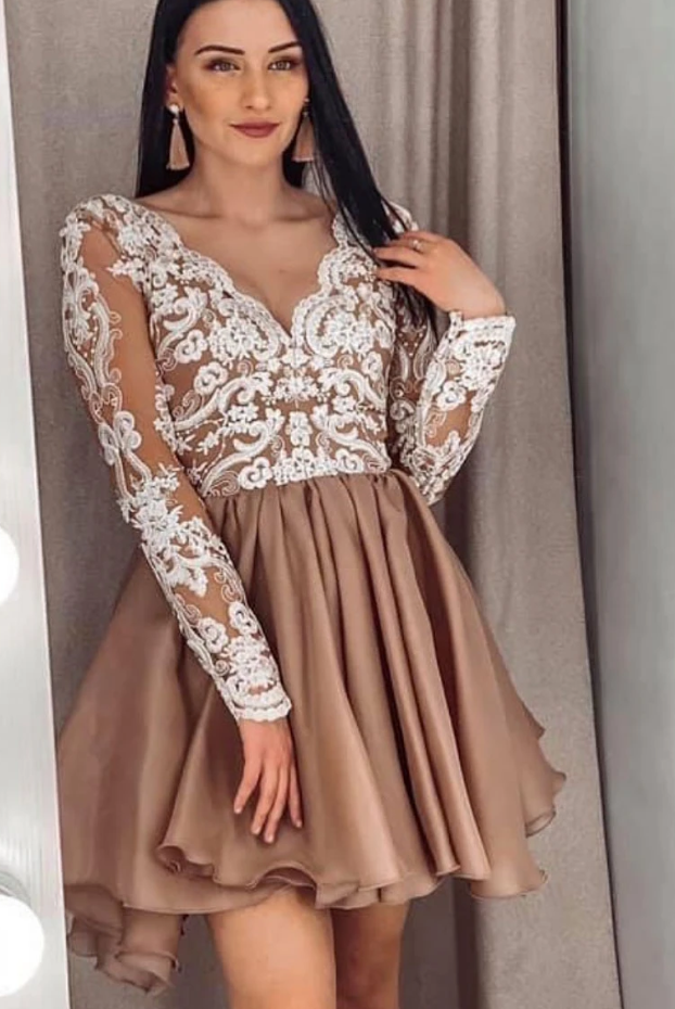 Champagne v neck lace short homecoming dress lace bridesmaid dress cg10821