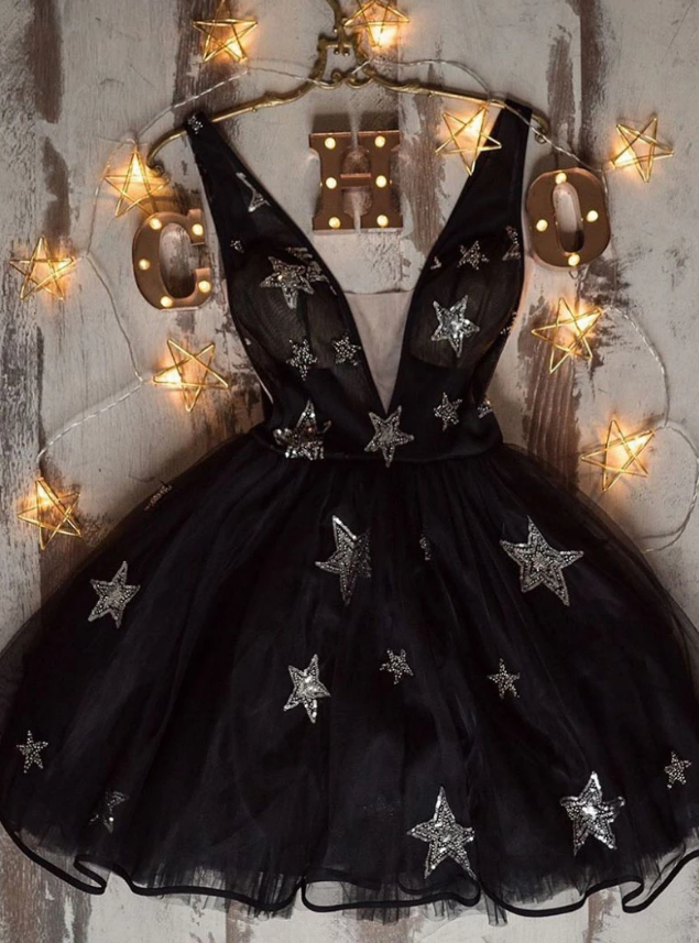 Black v neck tulle short dress black homecoming dress cg10822