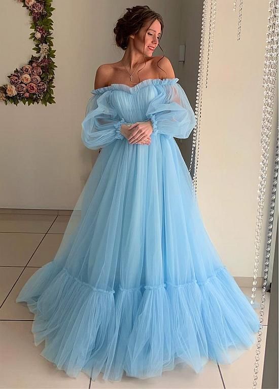 Modest Tulle Off-the-shoulder Neckline Floor-length A-line Prom Dresses With Lace Appliques cg10851