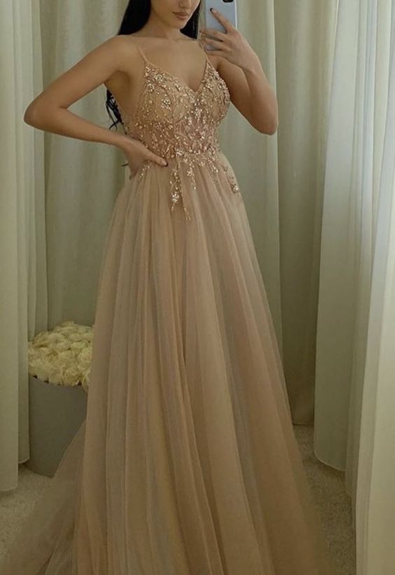 elegant champagne tulle prom dresses embroidery beaded v neck cg10869