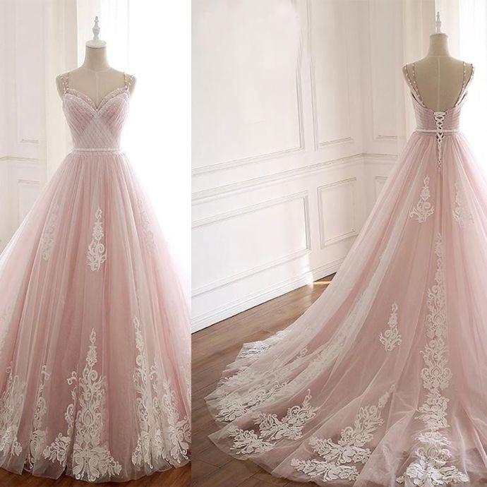 Pink Prom Dress,Tulle Prom Gown,Appliques Evening Dress,Spaghetti Straps Prom Gown cg10889