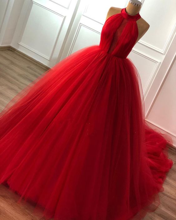 elegant red tulle halter prom ball gown dresses cg10892