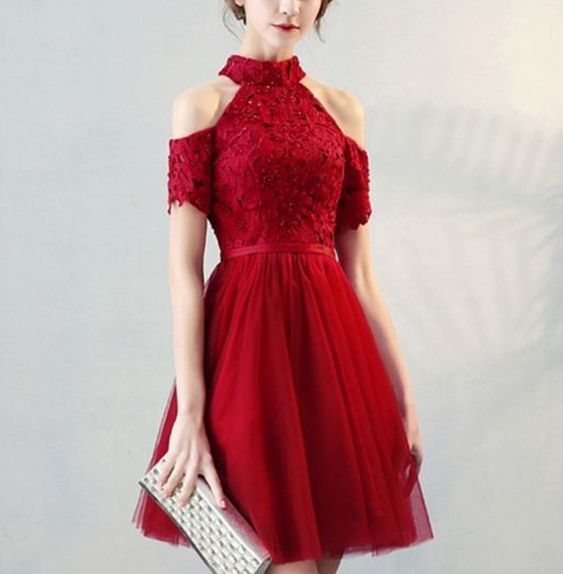 High Quality A Line High Neck Short Sleeve Knee Length Homecoming Dress cg10898