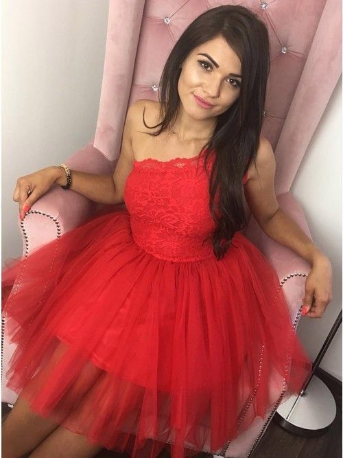 Princess Tulle Red One Shoulder Lace Dress, Short Homecoming Dress cg10920