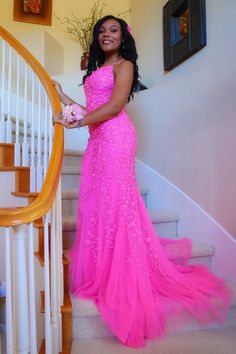 black girls hot pink mermaid lace appliques long prom dress formal dress cg10927