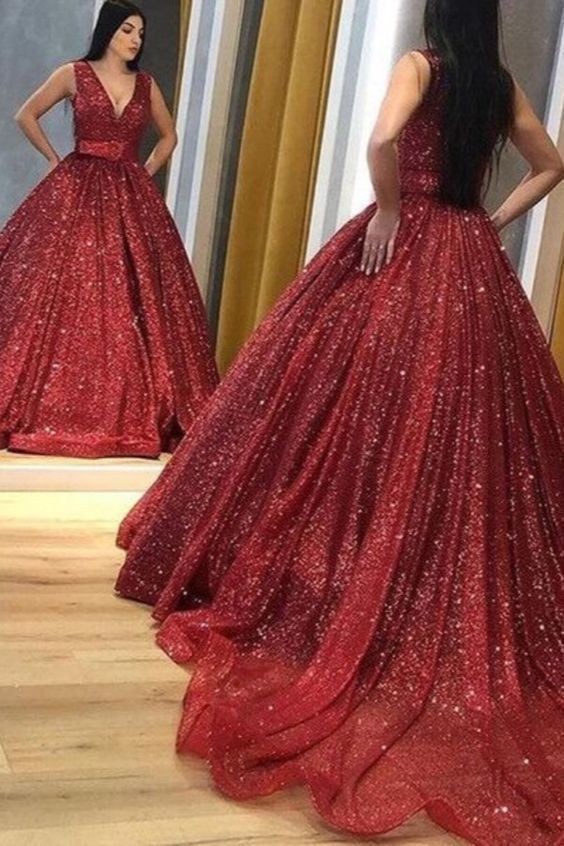 glitter red long formal dress with v neckline prom gown cg10932