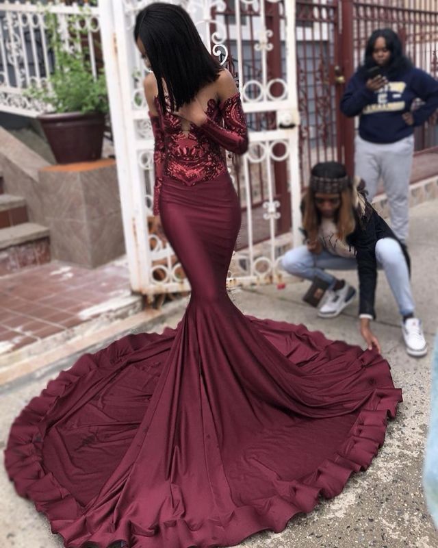 Sexy Burgundy Sequins Mermaid Prom Dresses | Cheap Long Sleeves Evening Dresses cg10947