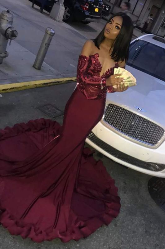 Sexy Burgundy Sequins Mermaid Prom Dresses | Cheap Long Sleeves Evening Dresses cg10947