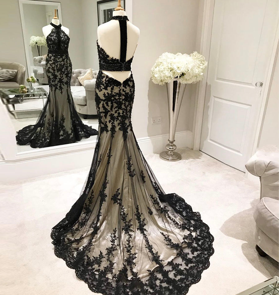BLACK LACE LONG PROM DRESS BLACK EVENING DRESS cg10951