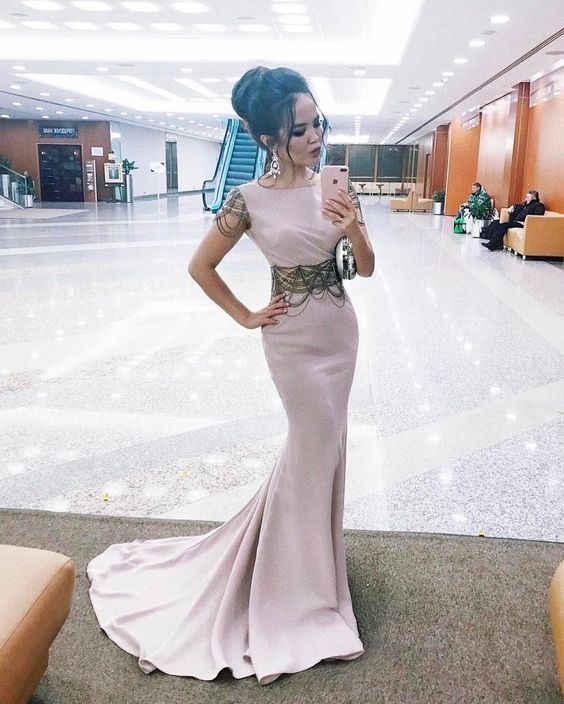 Short-Sleeves Long Formal Dress With Sheer Waist Prom Dress cg10953