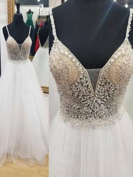 Sexy Backless V Neck White Beaded A-line Long Evening Prom Dresses cg10973