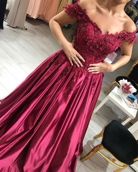 Off the Shoulder Burgundy Long Prom Dresses with Appliques cg10980