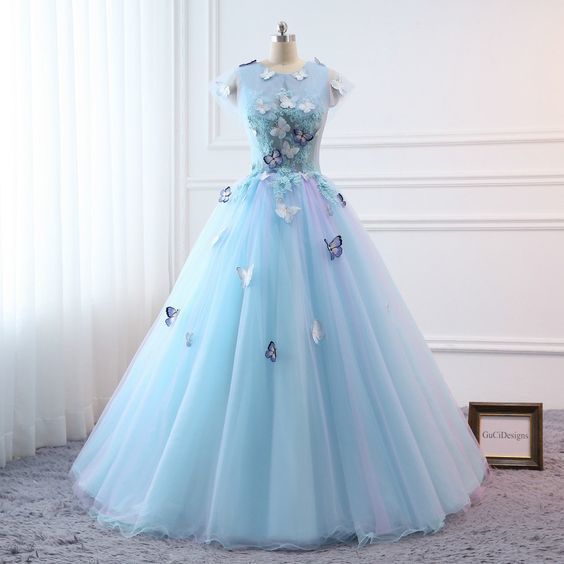Prom Ball Gown Plus Size Long Women Formal Dresses Sky Blue Butterfly flower Quinceanera Dress cg10982