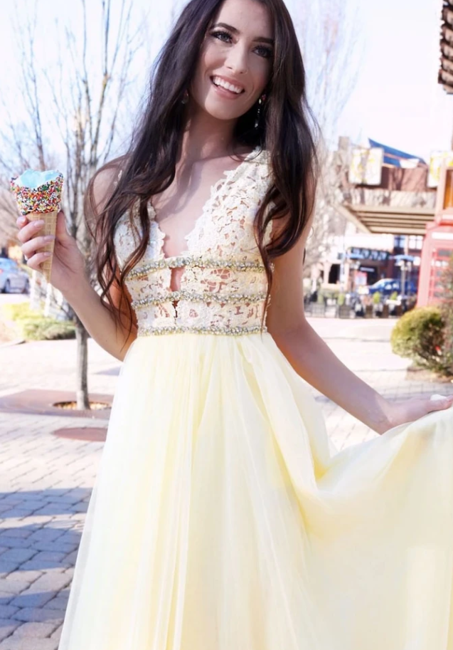 YELLOW V NECK TULLE LACE LONG PROM DRESS YELLOW FORMAL DRESS cg11018