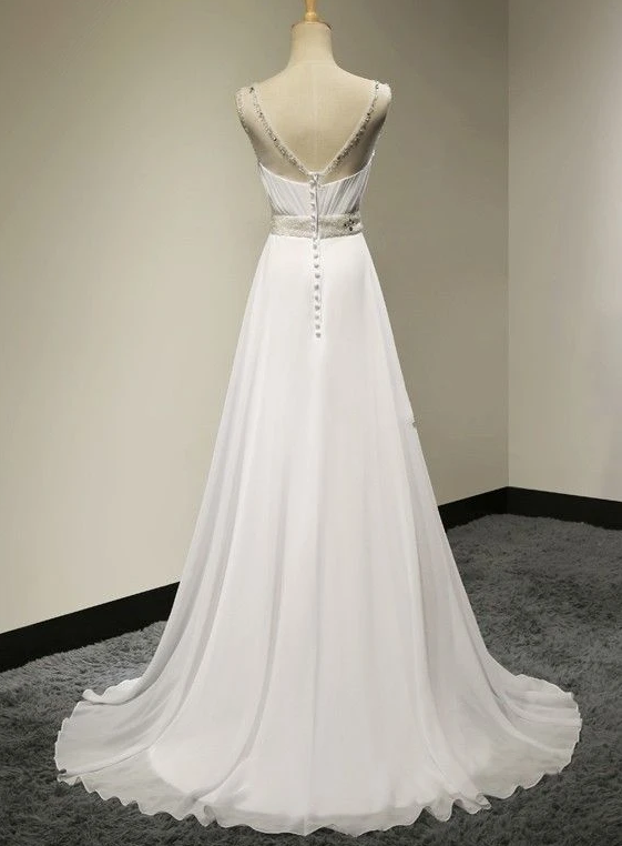 White Chiffon Simple Beaded Round Neckline Long Prom Dress, White Formal Dress cg11045