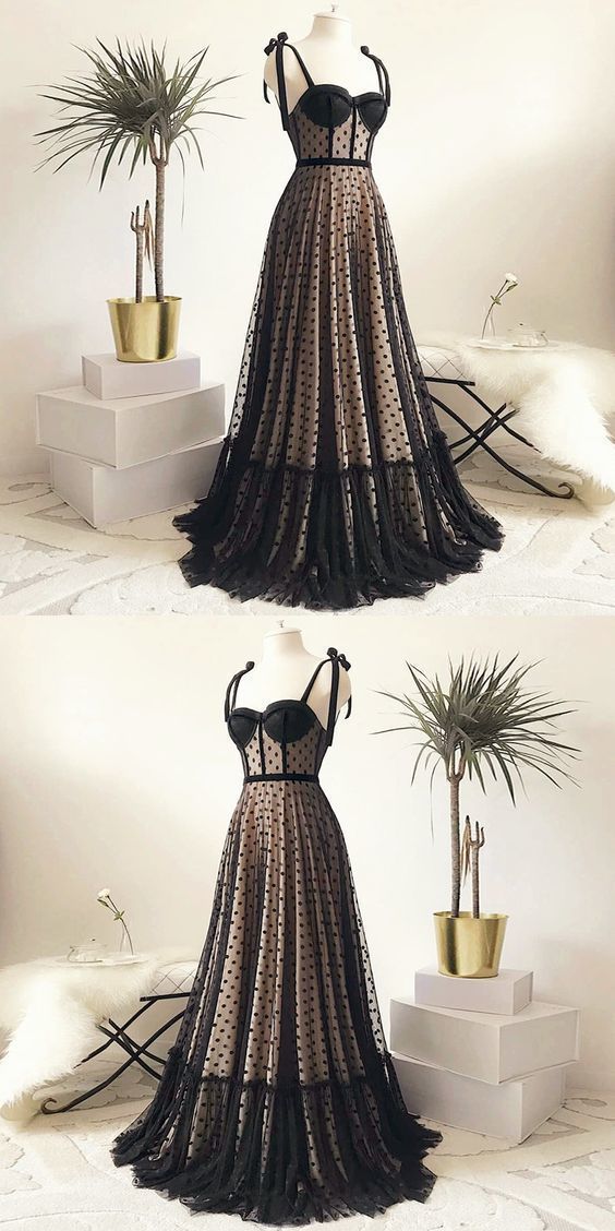 Vintage Polka Dots Spaghetti Straps Black Long Prom Dress cg11059