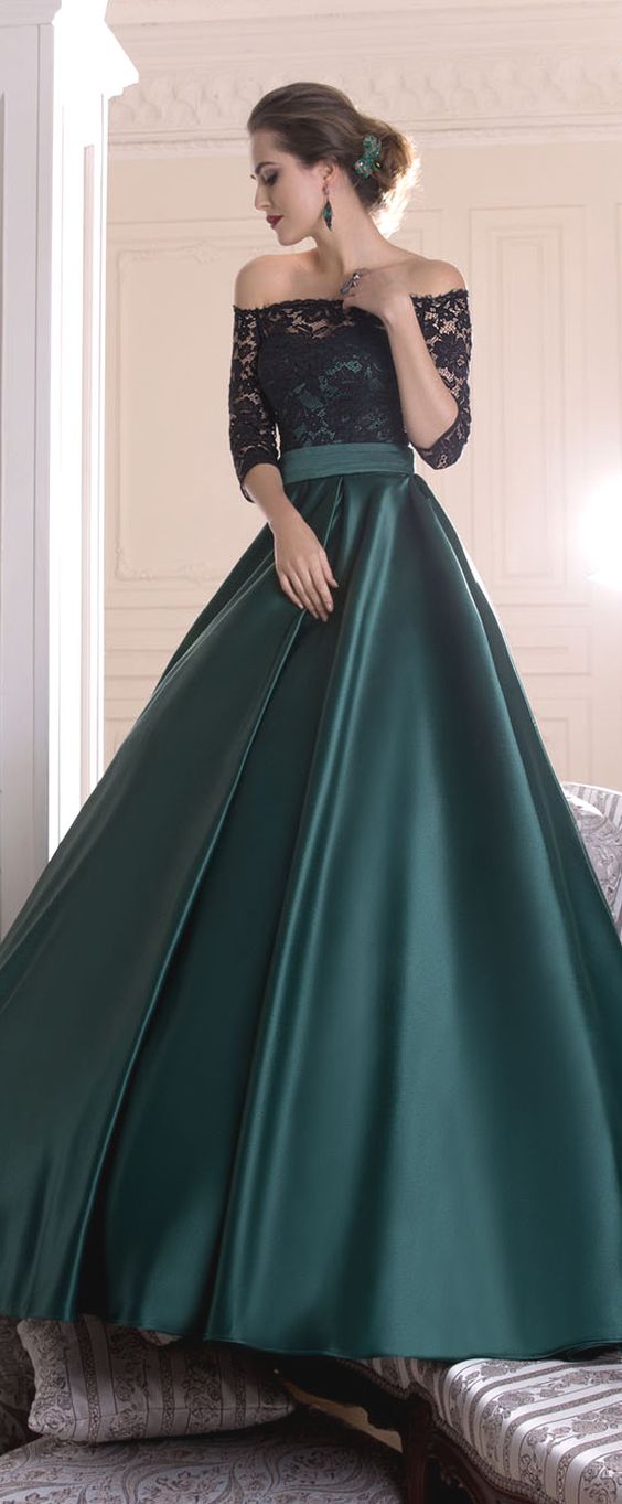 Graceful Lace & Satin Off-the-shoulder Neckline A-line Evening prom Dresses With Pleats cg11100
