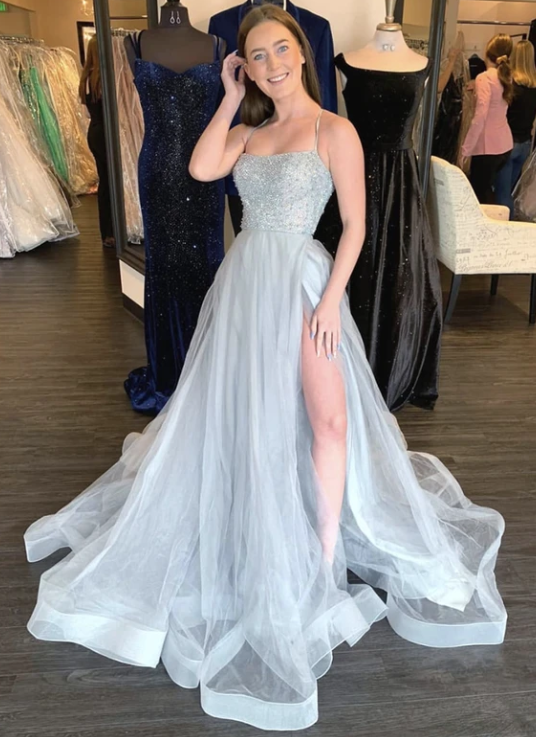 Gray tulle beads long prom dress evening dress cg11107