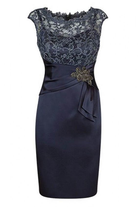 Short Sheath Navy Mother of Bride Dress with Lace Beading Prom Gown cg11120