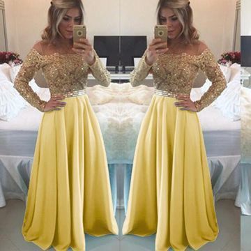 Sexy Yellow Long Sleeves Beading Prom Dresses cg11139