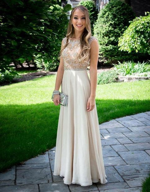 Champagne round neck A-line chiffon long prom dress. evening dresss cg11180