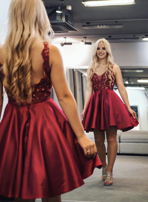 Burgundy v neck lace short dress party dress Homecoming dress cg11201