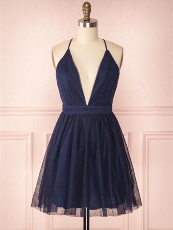 A Line V Neck Navy Blue Short Dresses, Navy Blue Homecoming Dresses cg11212