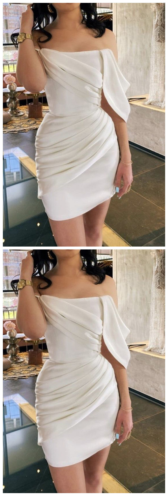 2019 Homecoming dress white satin off the shoulder wedding dress short cg11231