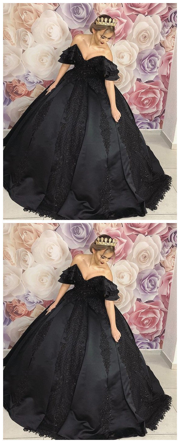 Black ball gown wedding dresses ruffles shoulder prom dress cg11252