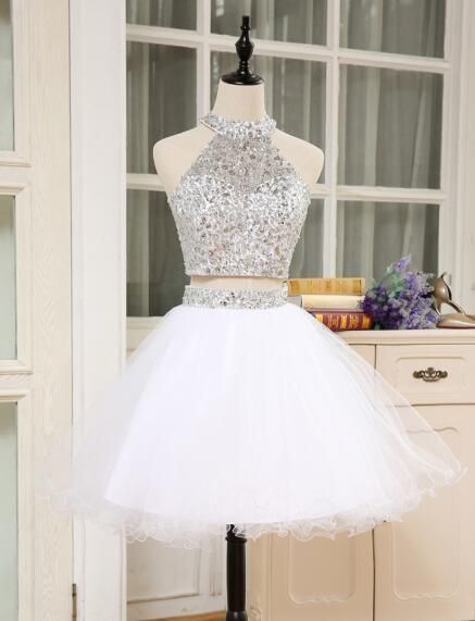 Shining 2 Piece Dresses High Neck Crystal Beaded Puffy Short Homecoming Dress For Graduation cg1126