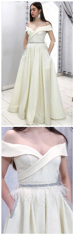 Elegant Off the Shoulder Beading Ivory Evening Dress with Pockets Prom Dress cg11277
