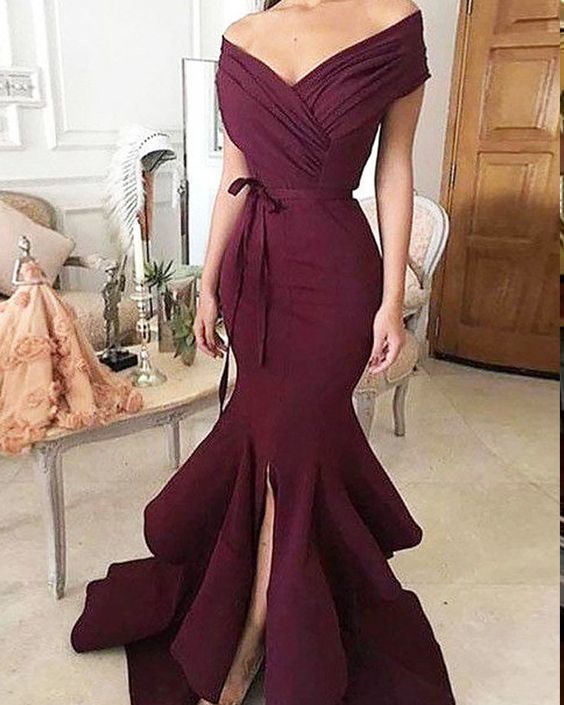 Burgundy Mermaid Off the Shoulder Ruched Prom Dress with Front Slit cg11279