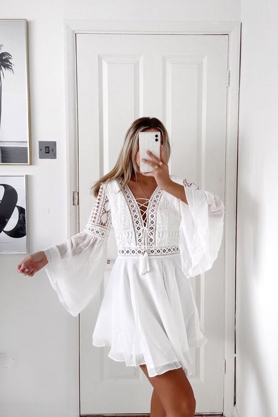 Short White Party Dresses, Short Dress with Sleeves homecoming DRESS cg11289