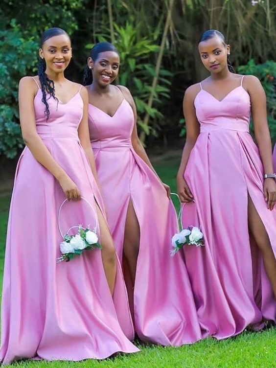 simple A-line lilac satin long bridesmaid prom dresses with side slit cg11293