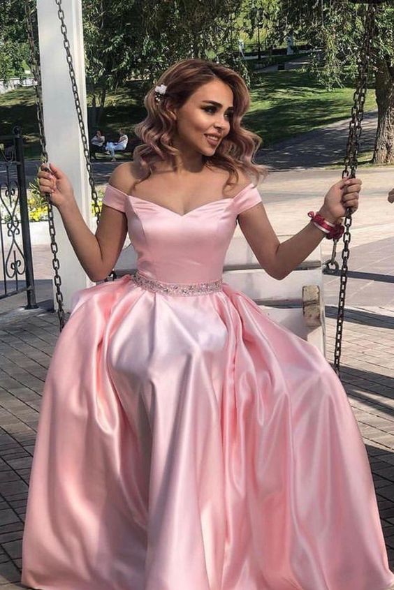 elegant off the shoulder satin pink long formal dress prom dress with beaded sash cg11297