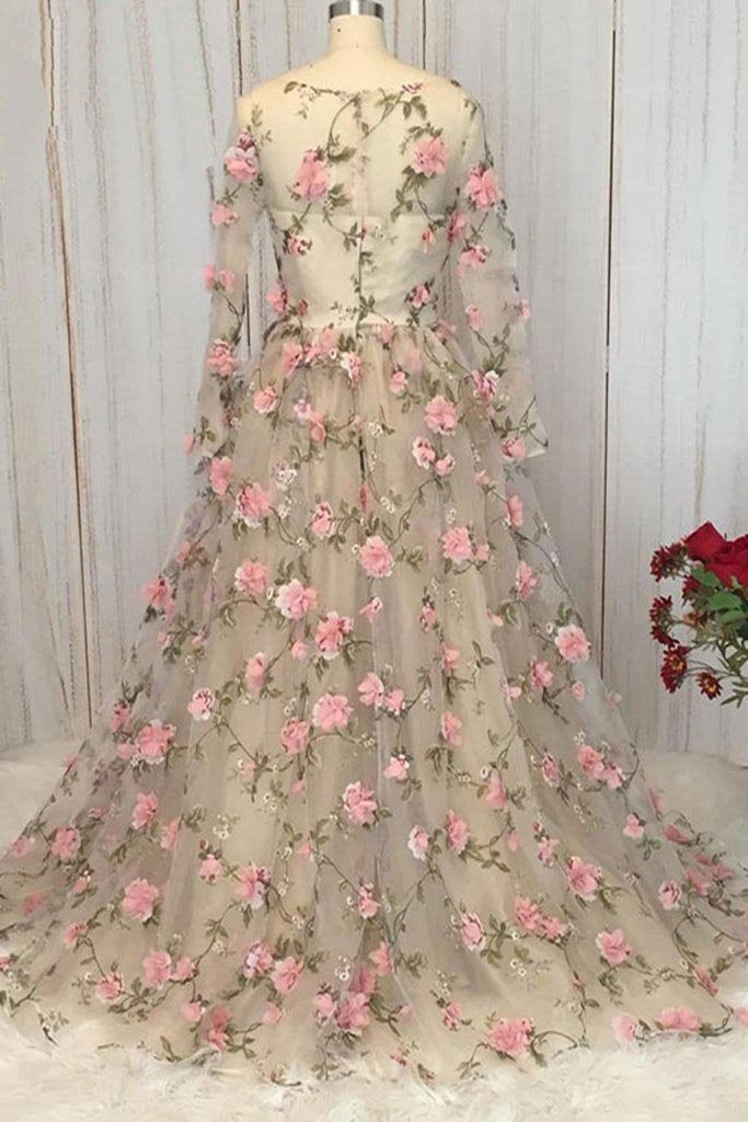 Champagne v neck tulle 3D flowers long prom dress champagne evening dress cg11306