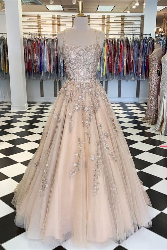 gold A-line tulle and lace appliques long prom dress cg11324