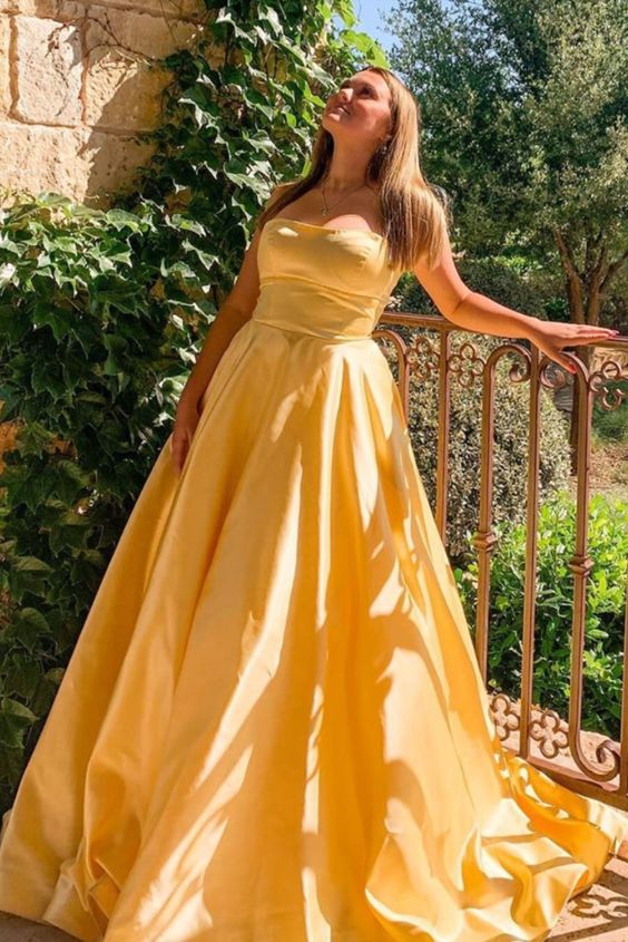 simple yellow long prom gown formal dress with strapless neckline cg11358