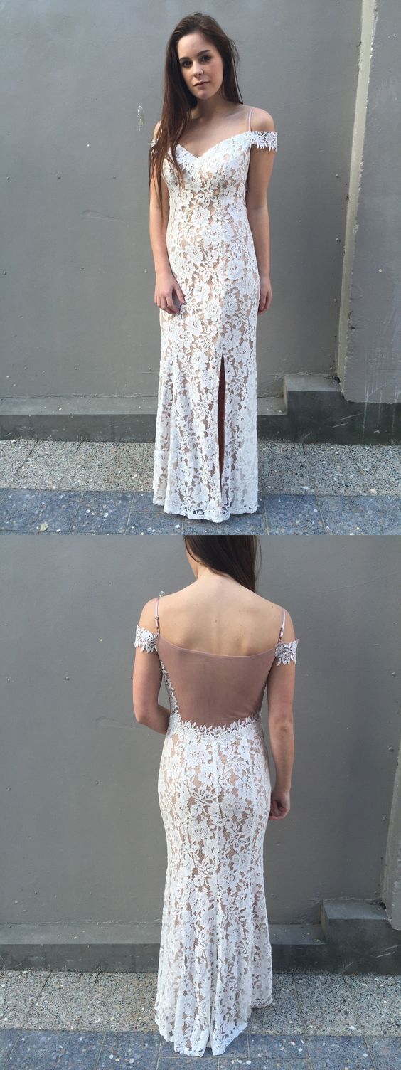 Elegant Off the Shoulder White Lace Mermaid Long Prom Dresses cg11384