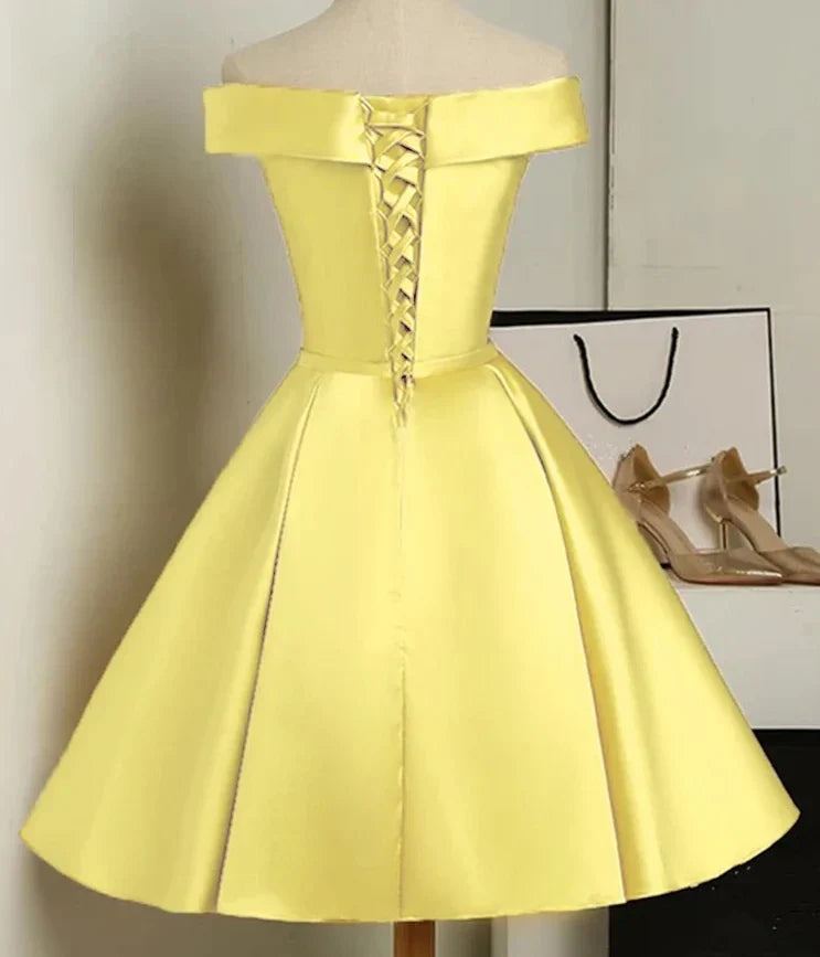 Red/Pink/Yellow/Blue Cute Off Shoulder Short Elegant Satin Prom Dress Homecoming Dress Party Dress 8211