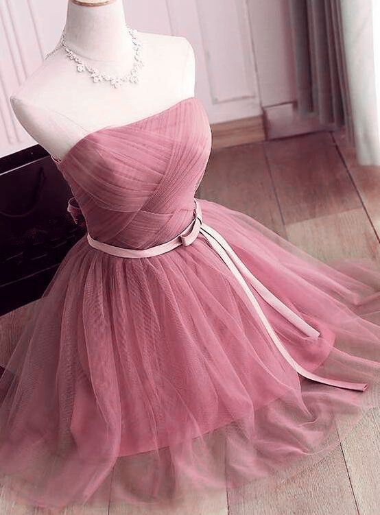 A Line Strapless Tulle Bridesmaid Dresses,Short Dress homecoming Dress cg11393