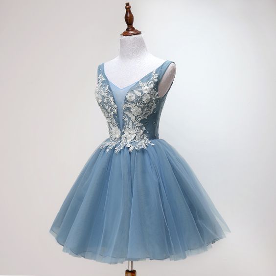 Blue Short Applique Tulle Homecoming Dresses cg11396