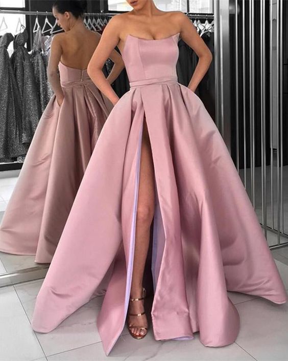 Strapless Bodice Corset Long Satin Leg Split Evening Dresses Prom Dress cg11400