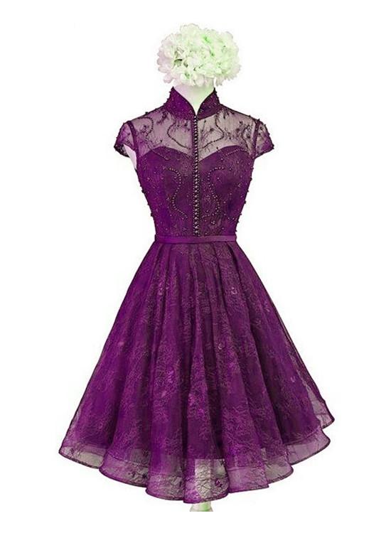Beautiful Purple Lace Knee Length High Neckline Party Dress, Lace Wedding Party Dress Homecoming Dress cg11408