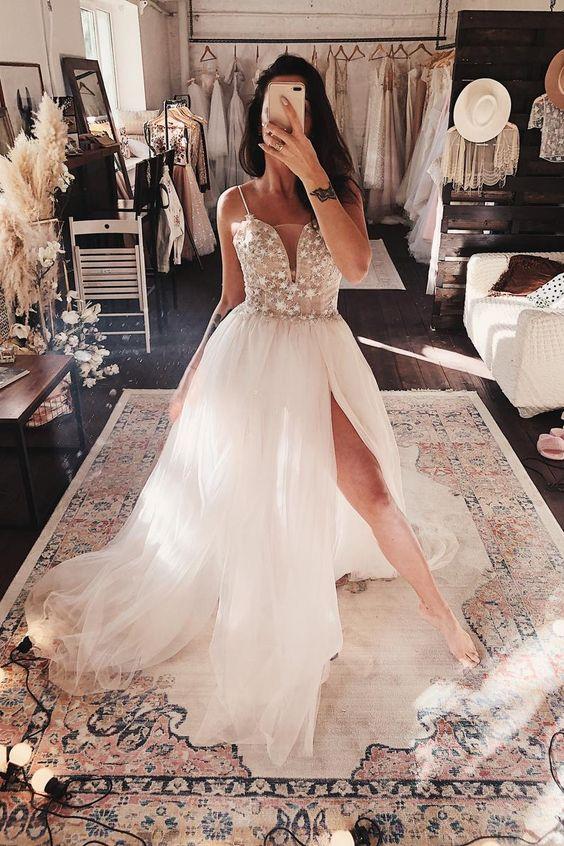 WHITE V NECK TULLE LACE LONG PROM DRESS WHITE TULLE FORMAL DRESS cg11417