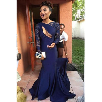 Navy Blue Mermaid Prom Dress Lace Long Sleeve Formal Women Evening Gowns Sweep Train cg11420