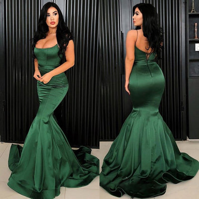 Simple Long Mermaid Satin Evening Dress Spaghetti Straps Boat Neckline Sweep Train Formal Prom Dresses cg11424