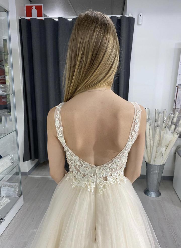 Champagne tulle lace long A line prom dress cg11431