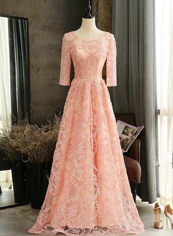Pink Lace A-Line Short Sleeves Bridesmaid Dress, Pink Long Party prom Dresses cg11436
