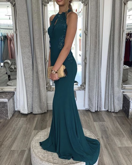 JERSEY MERMAID PROM DRESSES HALTER NECK LACE APPLIQUES cg11450